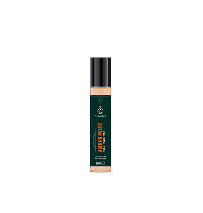 Arvana Amber Musk Car Parfum 20ml, a roll-on fragrance with a dark green label and amber liquid.