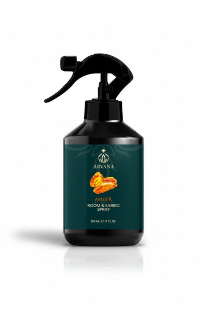 Arvana Amber Room and Fabric Spray, 500ml bottle with black spray nozzle and dark teal label featuring amber resin illustration.