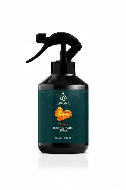 Arvana Amber Room and Fabric Spray, 500ml bottle with black spray nozzle. Warm, resinous scent.