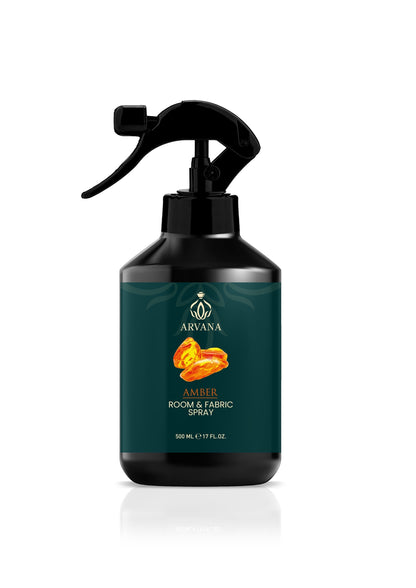 Arvana Amber Room and Fabric Spray, 500ml bottle with black spray nozzle, featuring amber resin illustration.