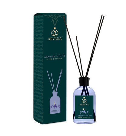 Arvana Arabian Night reed diffuser in a clear glass bottle with black reeds and a dark green box.