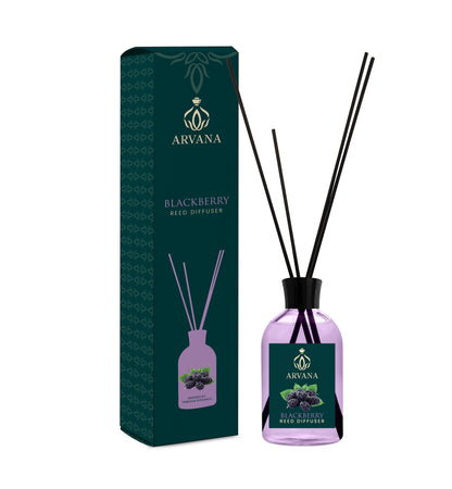 Arvana Blackberry Reed Diffuser in a clear glass bottle with black reeds and a purple liquid. Includes packaging.