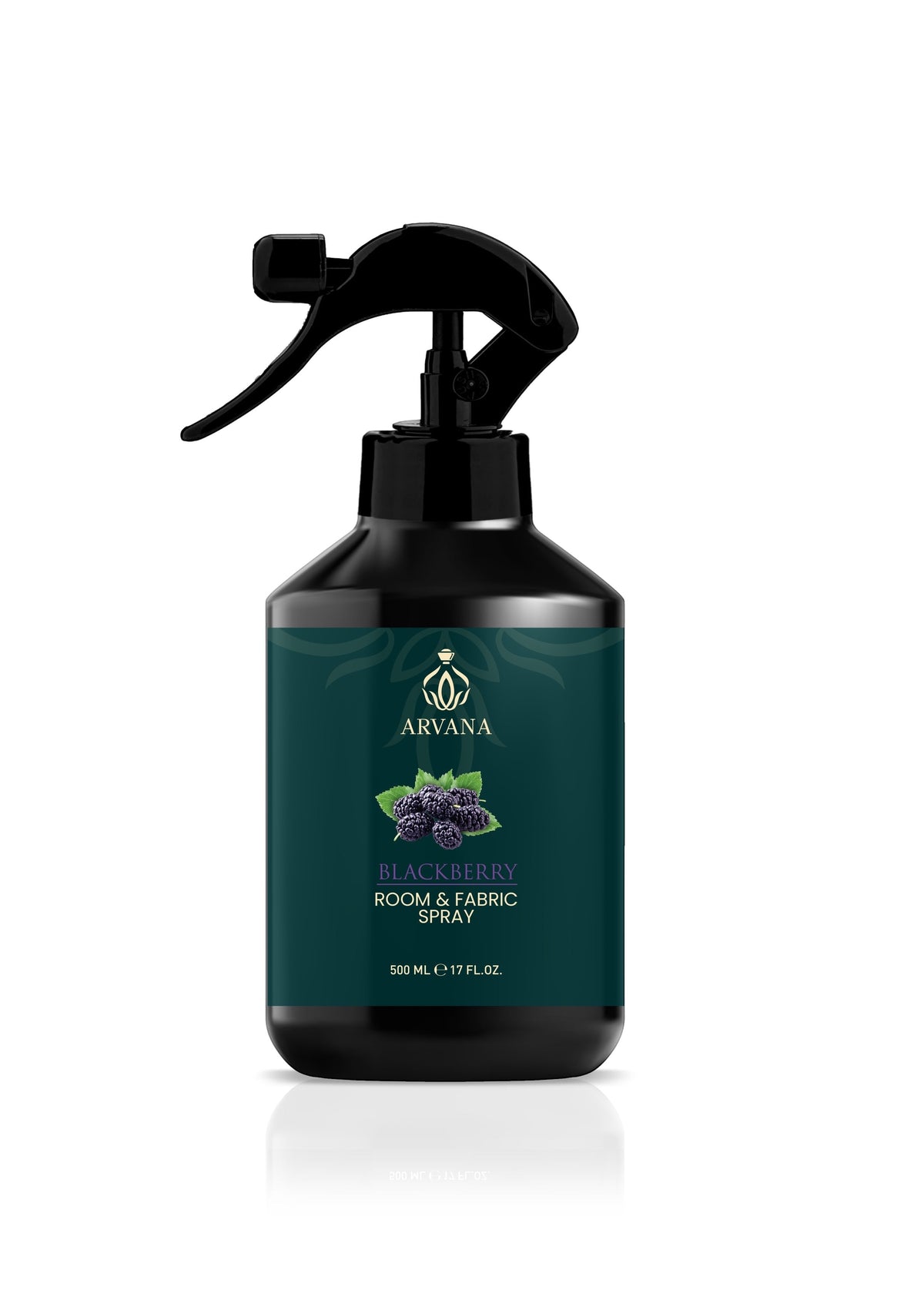 Arvana Blackberry Room and Fabric Spray, 500ml bottle with black trigger spray nozzle. Refreshing home fragrance.