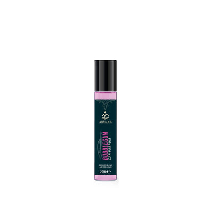 Arvana Bubblegum Car Parfum 20ml, a pink liquid in a clear glass bottle with a black cap.