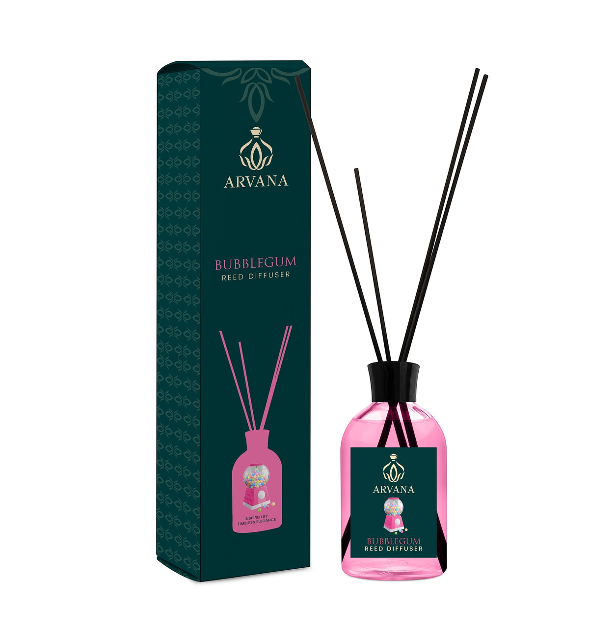 Arvana Bubblegum Reed Diffuser in a pink glass bottle with black reeds and a dark green box.