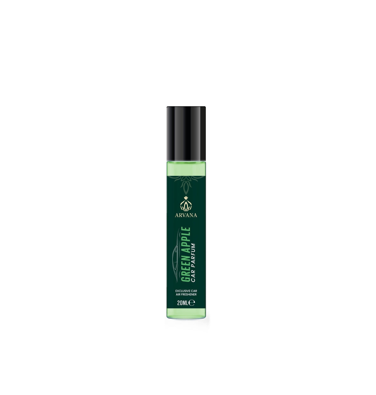 Arvana Green Apple Car Parfum 20ml, a rollerball fragrance with a green liquid and black cap.