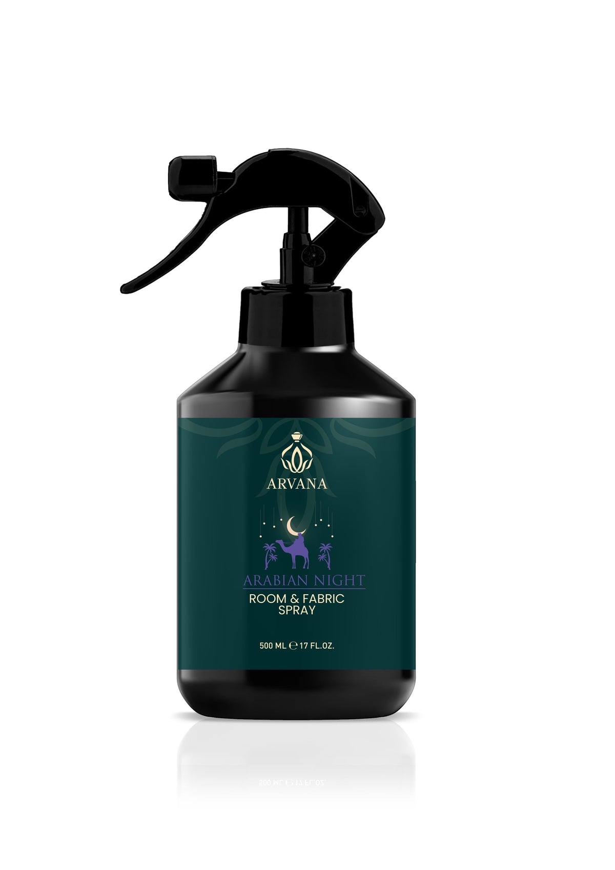 Arvana Arabian Night room and fabric spray in a dark teal bottle with a black spray nozzle. 500ml.