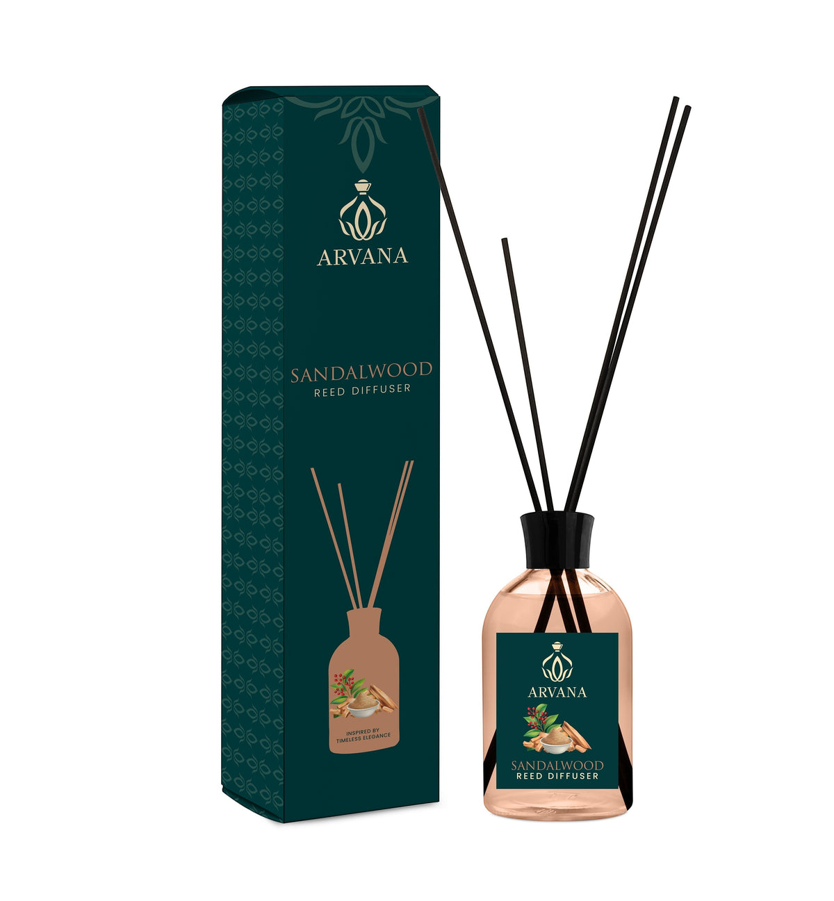 Arvana Sandalwood Reed Diffuser in a clear glass bottle with black reeds and a dark green label featuring sandalwood sticks and berries.