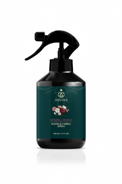 Arvana Spring Wind room and fabric spray in a 500ml bottle with a black spray nozzle. Features floral illustration.
