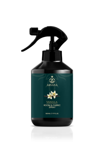 Arvana Vanilla Room and Fabric Spray in a dark teal bottle with a black spray nozzle. 500ml.
